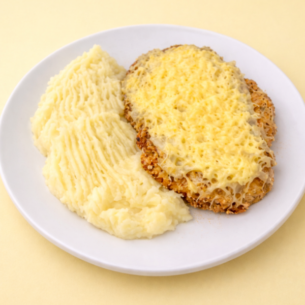 Milanesa de pollo con queso y cebolla